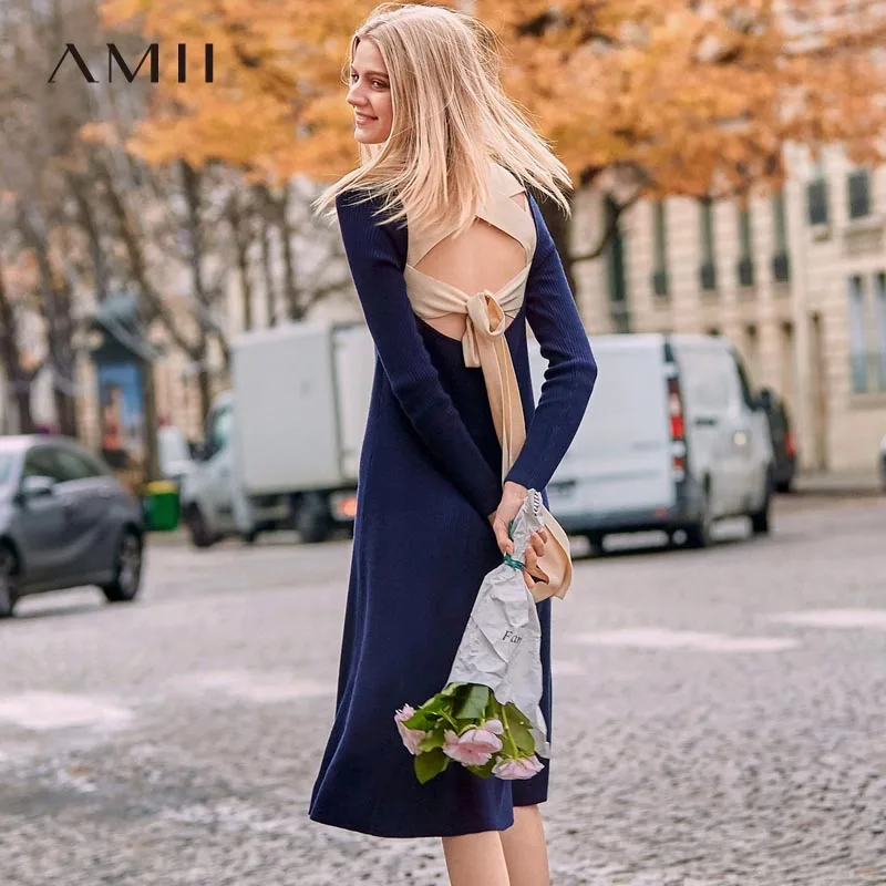 Женское вязаное платье с открытой спиной Amii однотонное облегающее до колена