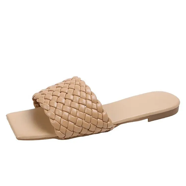 

2021 summer new woven large size slippers Korean style one word beach shoes for women
