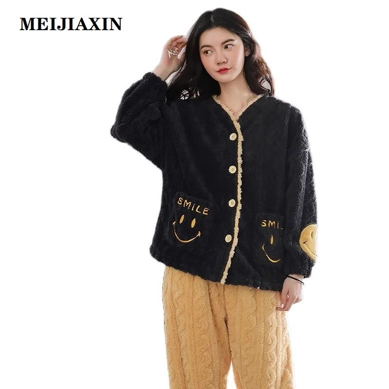 Зимняя плотная теплая Женская Коралловая пижама с длинным рукавом и отложным