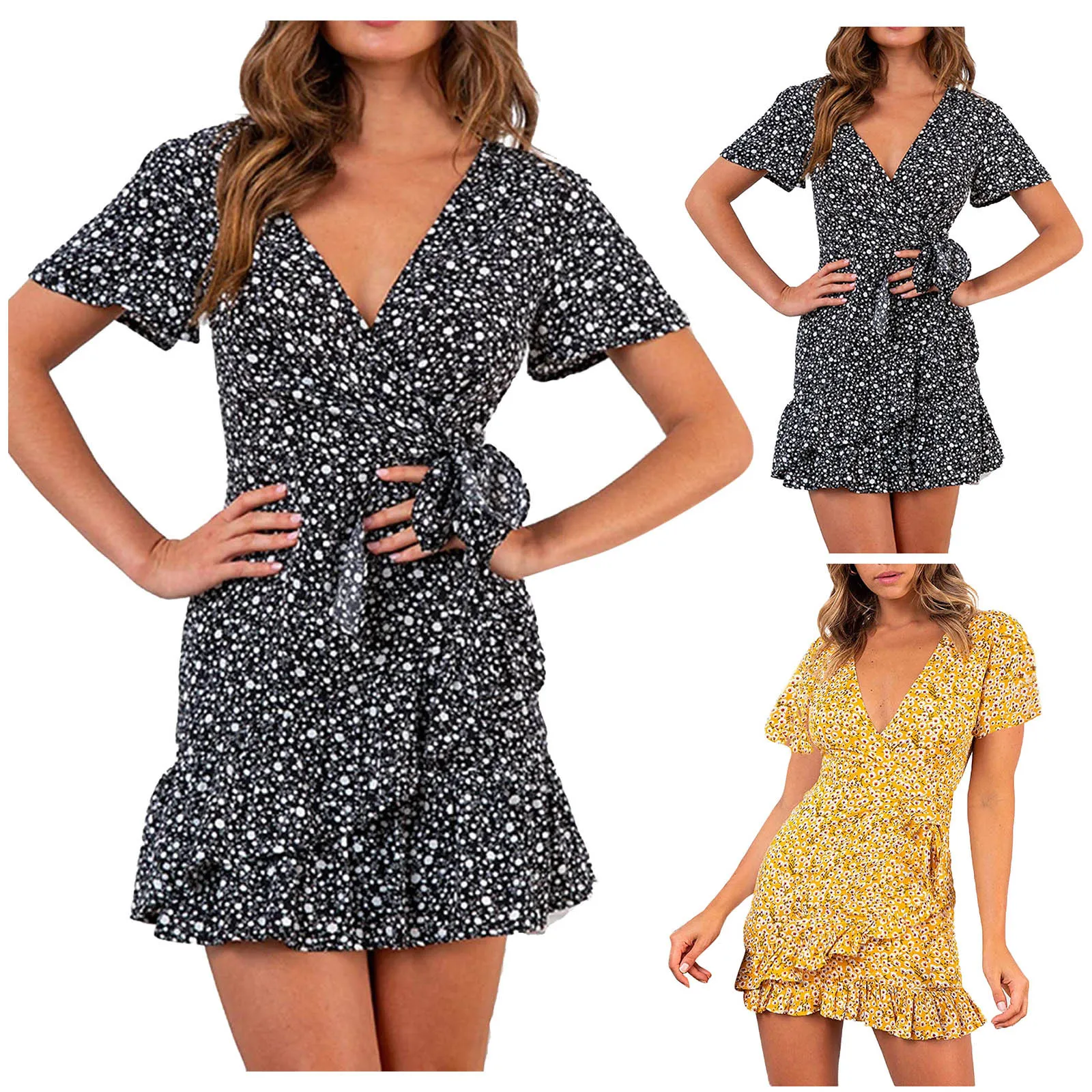 

57# Women Summer Shawl V-neck Polka Dot Print Butterfly Lace-up Ruffle Short Sleeve Mini Floral Dress With Belt Vestido De Mujer