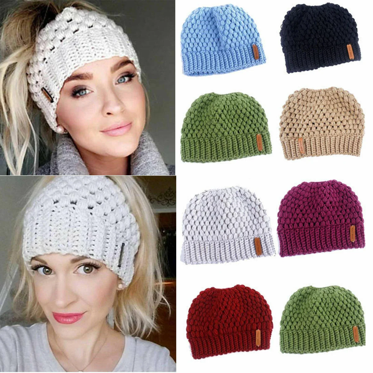 

Winter Knitting Hats Winter Women Hat Ladies Girl Stretch Knit Hat With Tag Messy Bun Ponytail Beanie Holey Warm Hats Caps