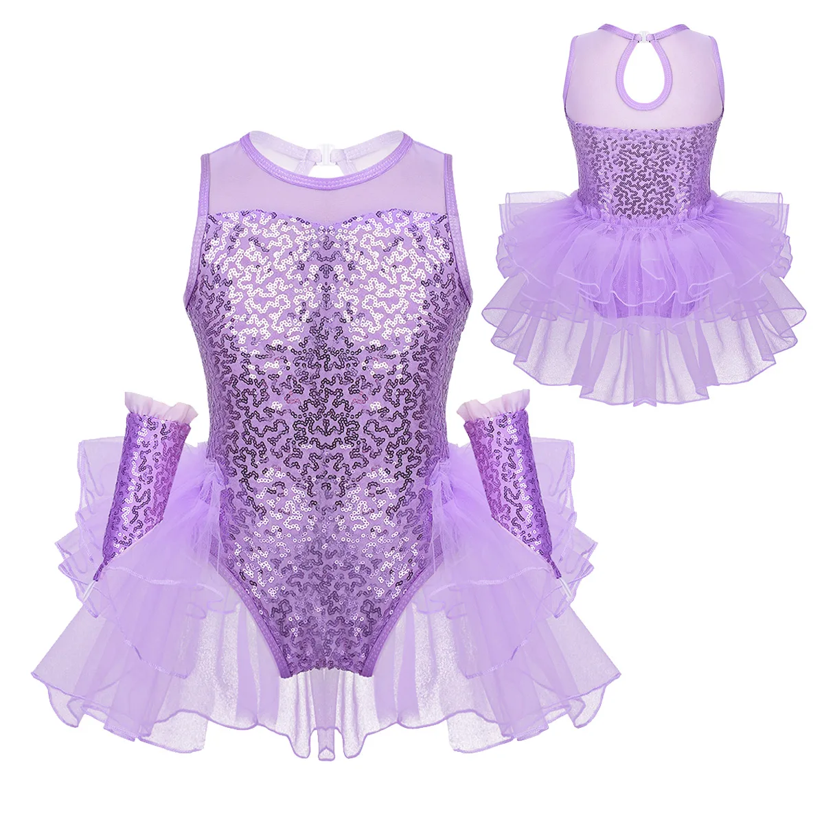 Lavender ChicTry Детская Одежда для танцев с блестками, гофрированное Сетчатое гимнастическое трико для девочек, балетное платье для фигурного катания, костюм с рукавами - Цвет: Lavender