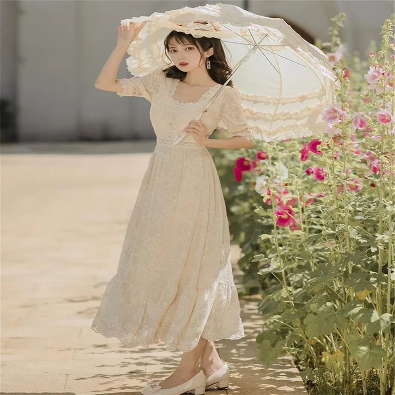 

Palace dress female summer 2021 new lady style retro hollow square collar rose lace embroidery mid-length waist skirt