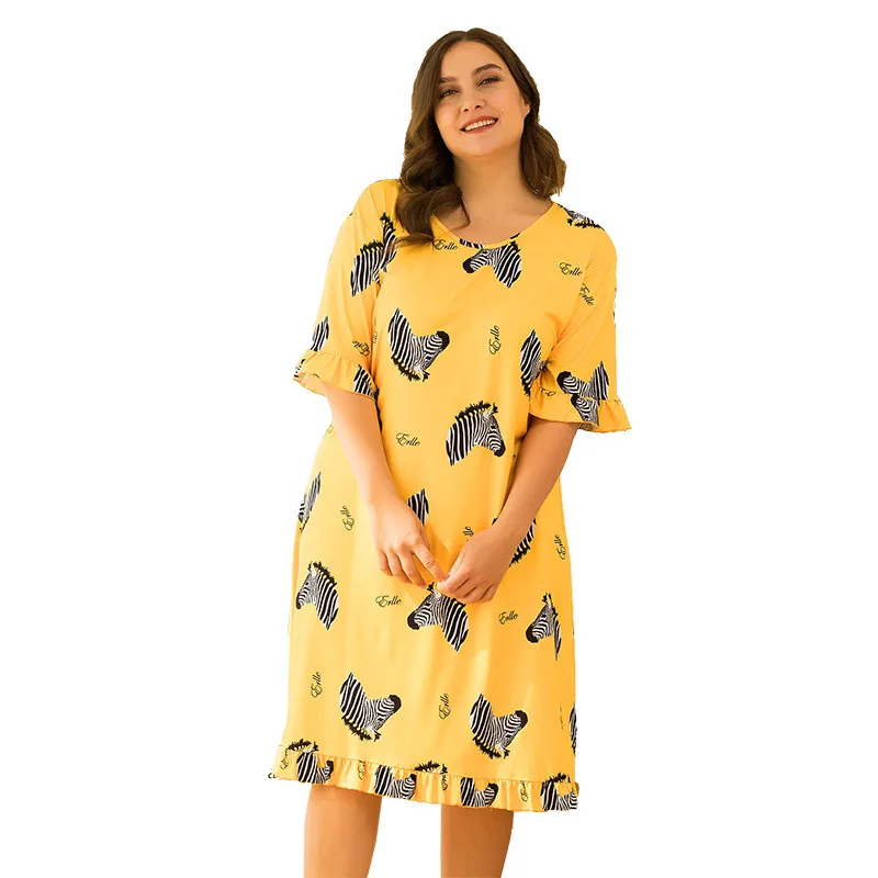 

DOIB Large Size Sleepwear Yellow Zebra Print Nightwear Women Oversize Size Nightgown Loose Plus Size Homewear Dress