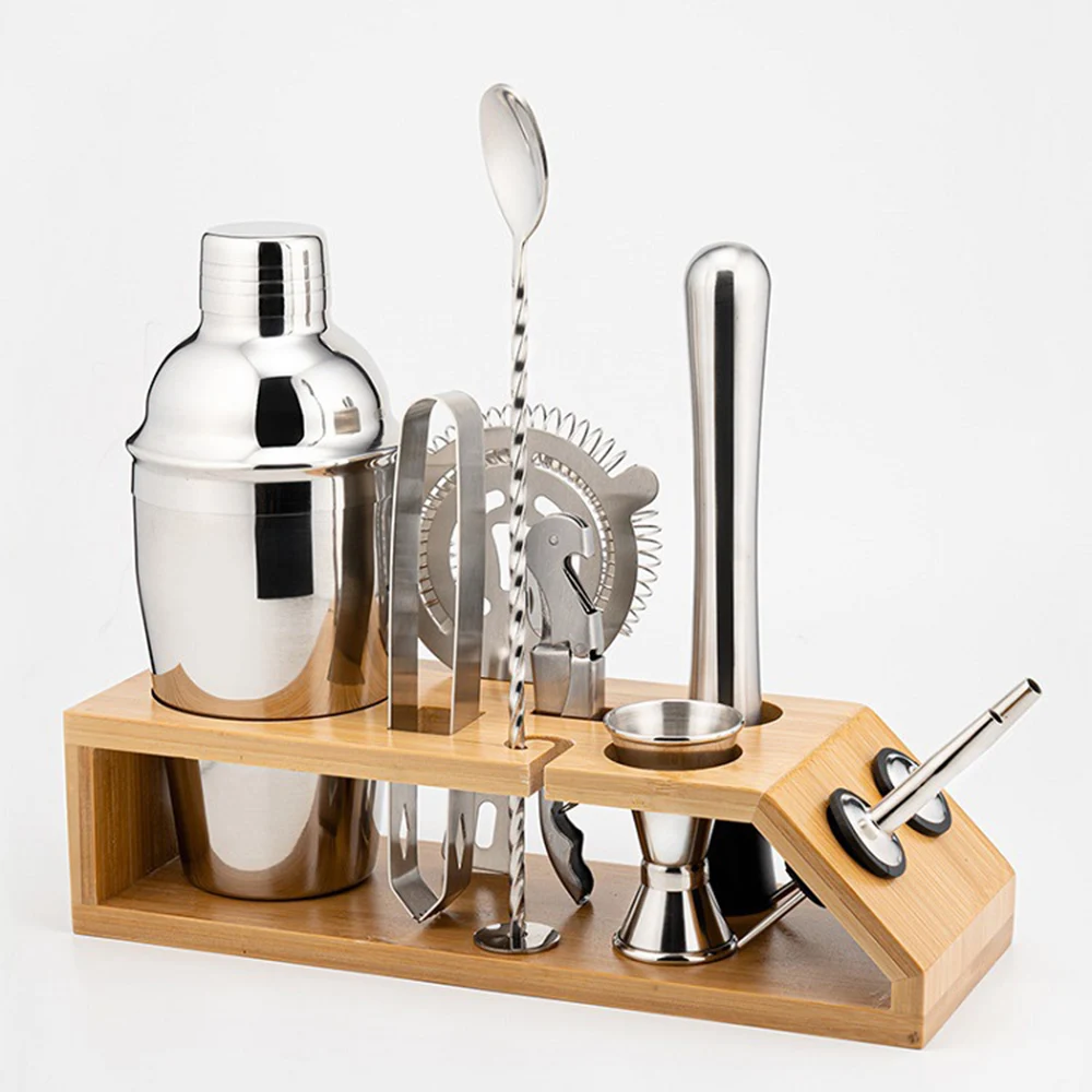 

New Silver Stainless Steel Cocktail Shaker Set Bartender Kit Martini Shaker Set With Trapezoidal Bamboo Stand Bar Accessories