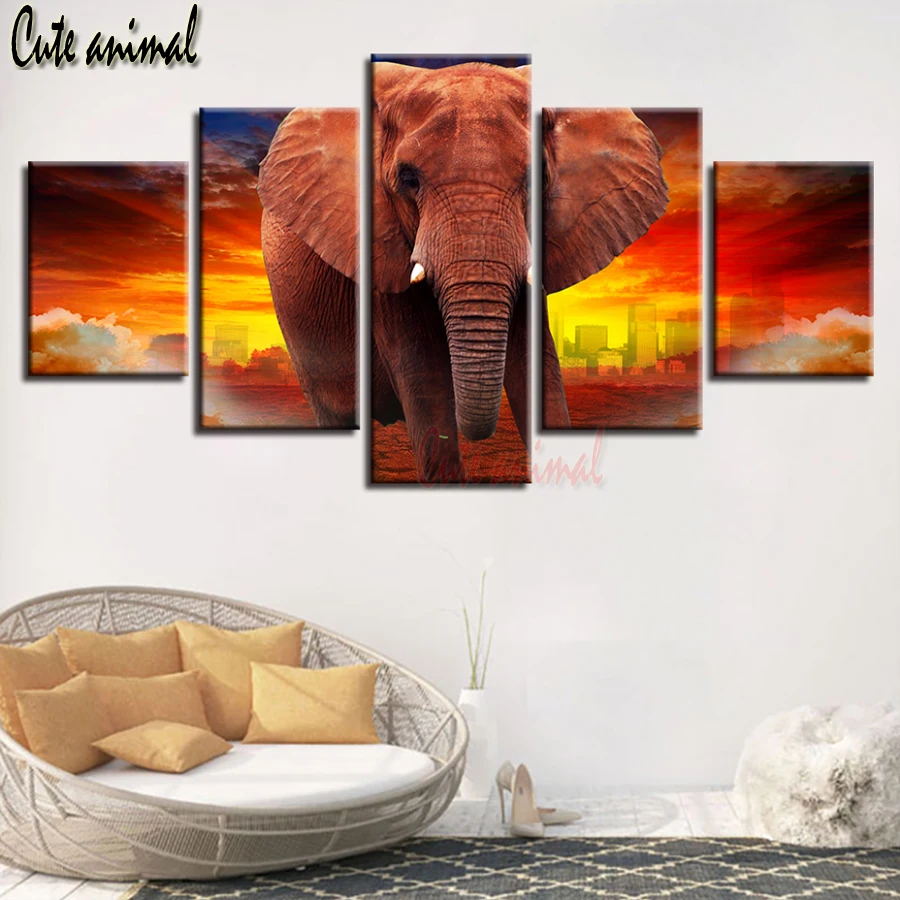 

5 Pieces Elephant City Sunset Landscape 5D DIY Diamond Painting Full Round Drill Diamond Embroidery Cross Stitch wall decor