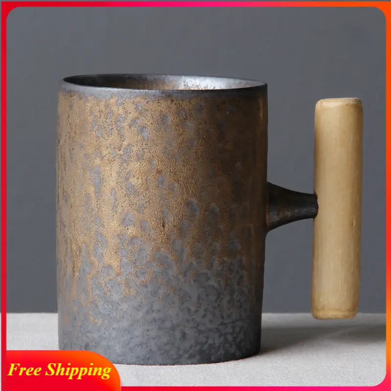 

Japanese-style Vintage Ceramic Coffee Mug Tumbler Rust Glaze Tea Milk Beer Mug with Wood Handle Water Cup Home Office Drinkware