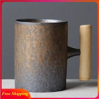 japanese style vintage ceramic coffee mug tumbler rust glaze tea milk beer mug with wood handle water cup home office drinkware