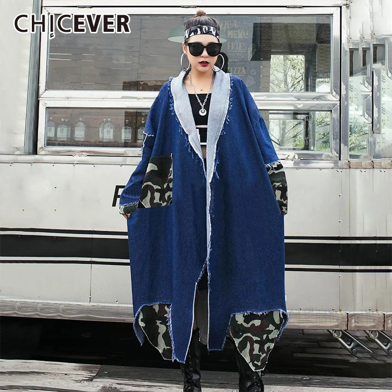 CHICEVER Лоскутная камуфляжная джинсовая женская куртка с отложным воротником и