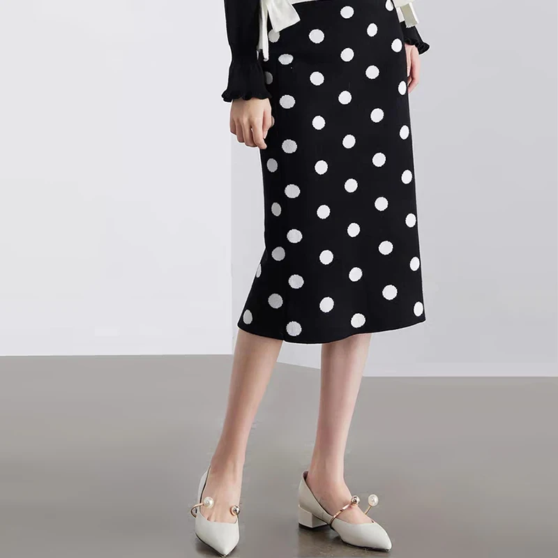 Юбка женская трикотажная в горошек Офисная белая офисная одежда стиле ретро