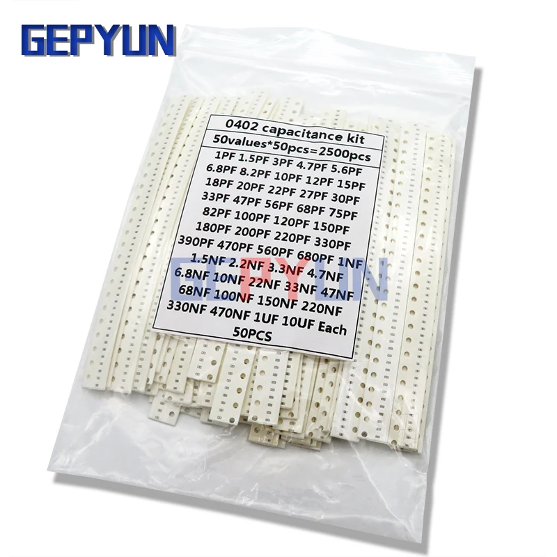 

0402 SMD Керамический конденсатор в ассортименте, 1 пФ ~ 10 мкФ, 50 значений * 50 шт. = 2500 шт., образцы керамических конденсаторов