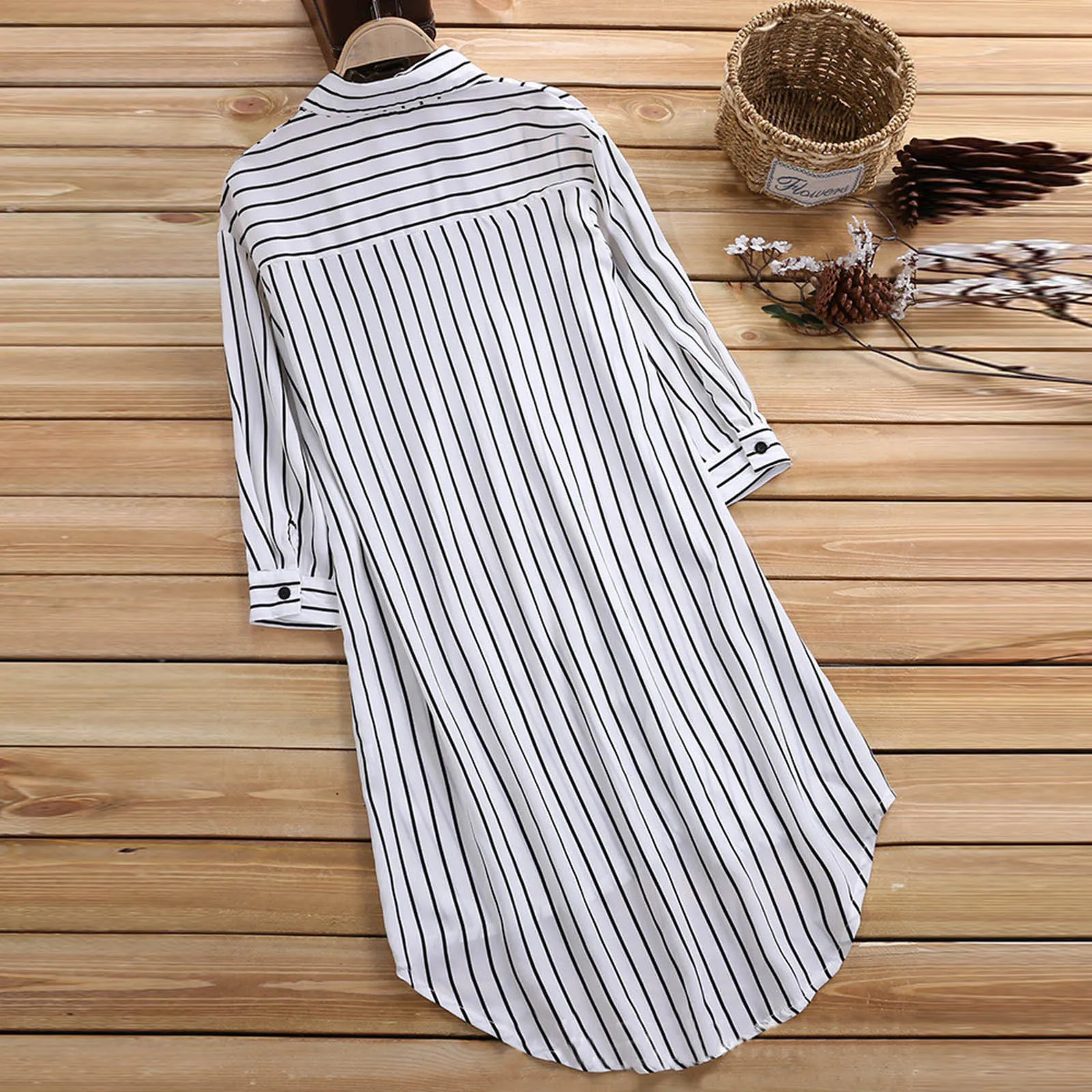 

2021 Women's Stripe Office Shirt Button Turn-down Collar Shirts Blouses Tops Oversized Casual Office Long Tops