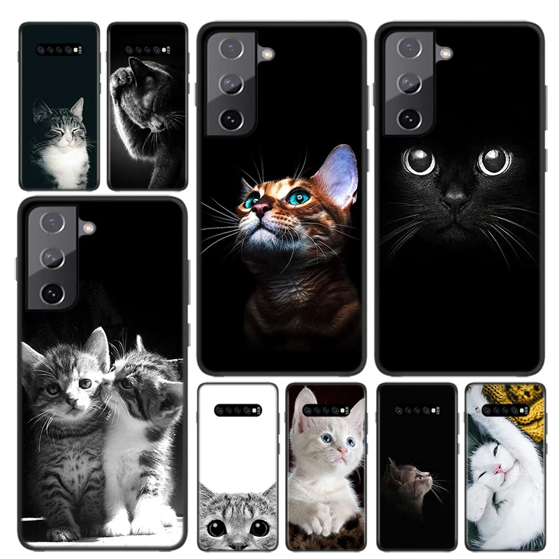 Silicone Cover Black Big Eye Cat For Samsung Galaxy S21 S20 FE Ultra S10 S10e Lite S9 S8 S7 S6 Edge Plus Phone Case