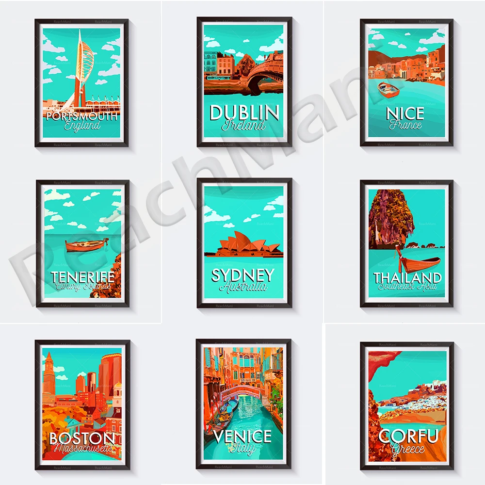 

Vintage Venice, Boston, Portsmouth, Bora Bora, France, Ancient Greece Corfu, Poland, Thailand, Sydney Australia travel poster