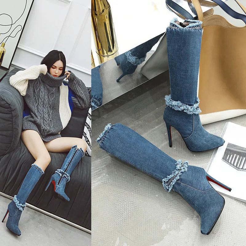 Женские ковбойские сапоги до колена модельные с острым носком на массивном