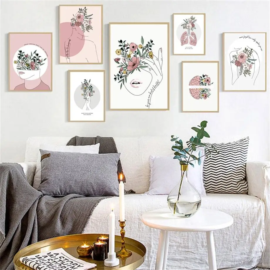 

Flower Brain Hand Abstract Girl Line Canvas Painting Art Nordic Posters and Prints Wall Pictures for Living Room Decor Frameless