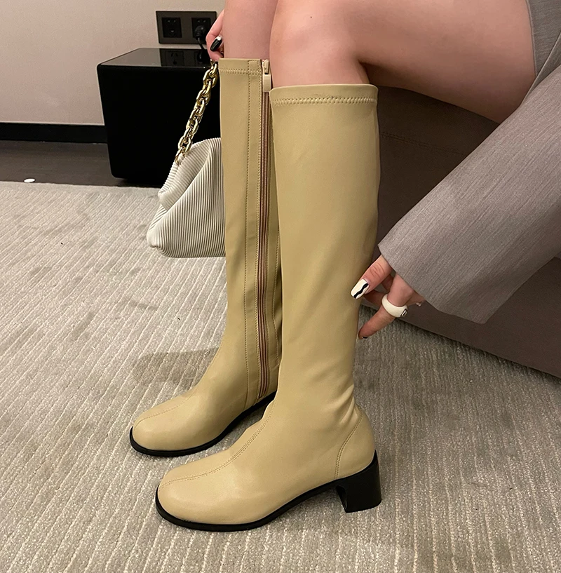 

Женские эластичные сапоги до колена, с круглым носком, на среднем толстом каблуке, Размеры 35-39