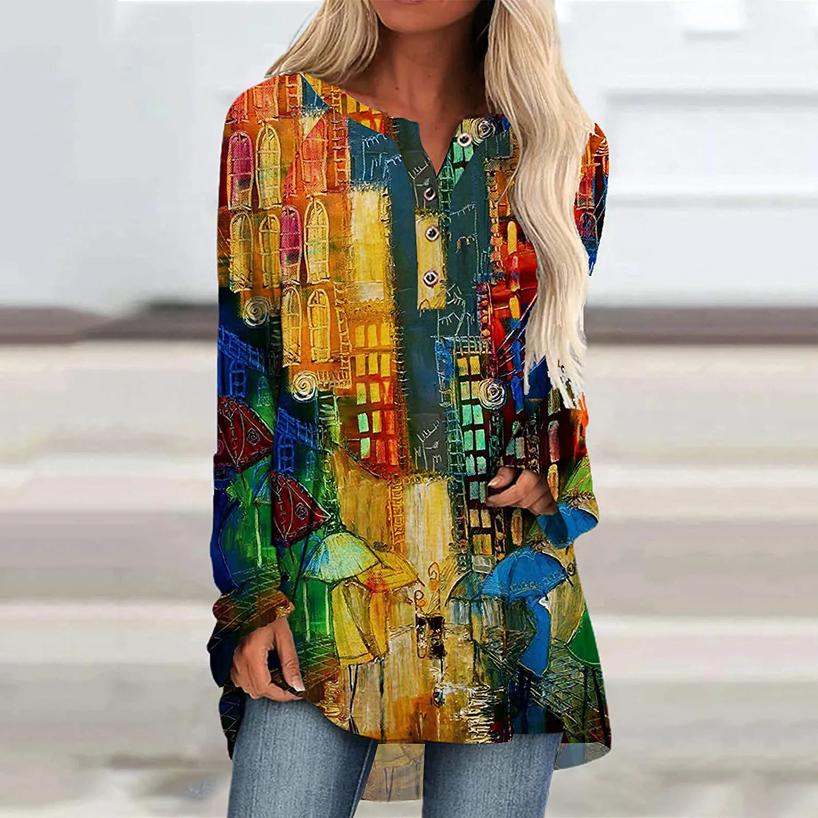 

Ladies Casual Long-sleeved T-shirt Fashion Loose Print Personalized Flower Buttons Round Neck Pullover T-shirt Tops Autumn