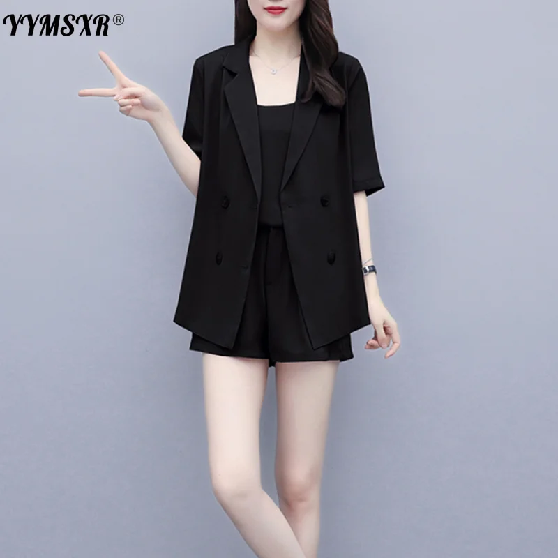 

S-5XL Women's Suit Summer 2022 New Temperament Solid Color Jacket + Fashion Suspenders + Loose Shorts Three-piece Set