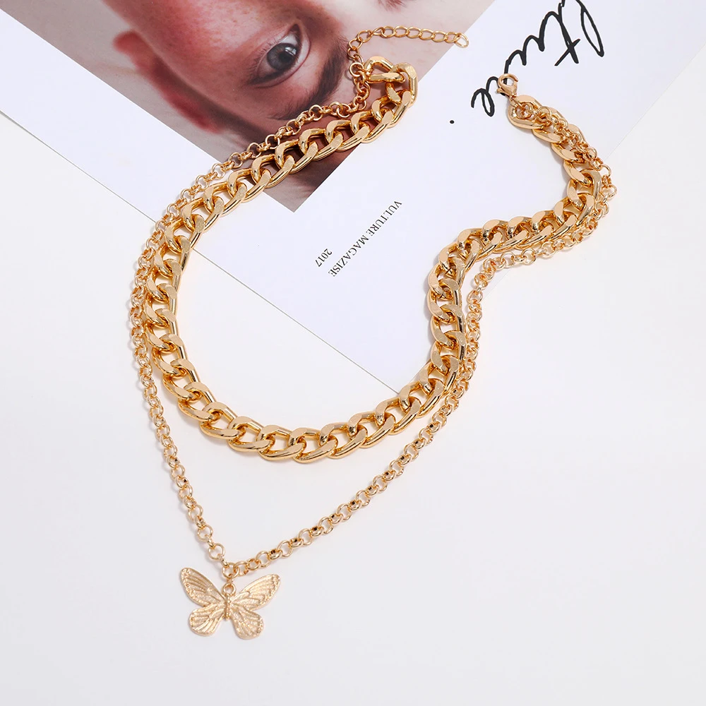 Винтажное многослойное ожерелье с бабочкой для женщин золотистого и серебряного