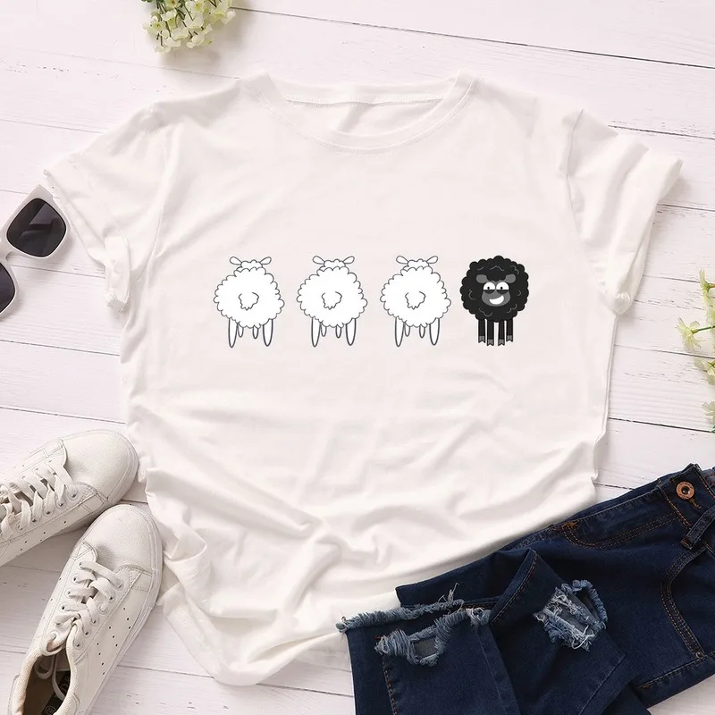 

Sheep Cartoon Simple Brush Spirit Animal Woman Lady Casual Shirts Womenswear Funny Goat Animal Lover Y2k Aesthetic Teeshirt