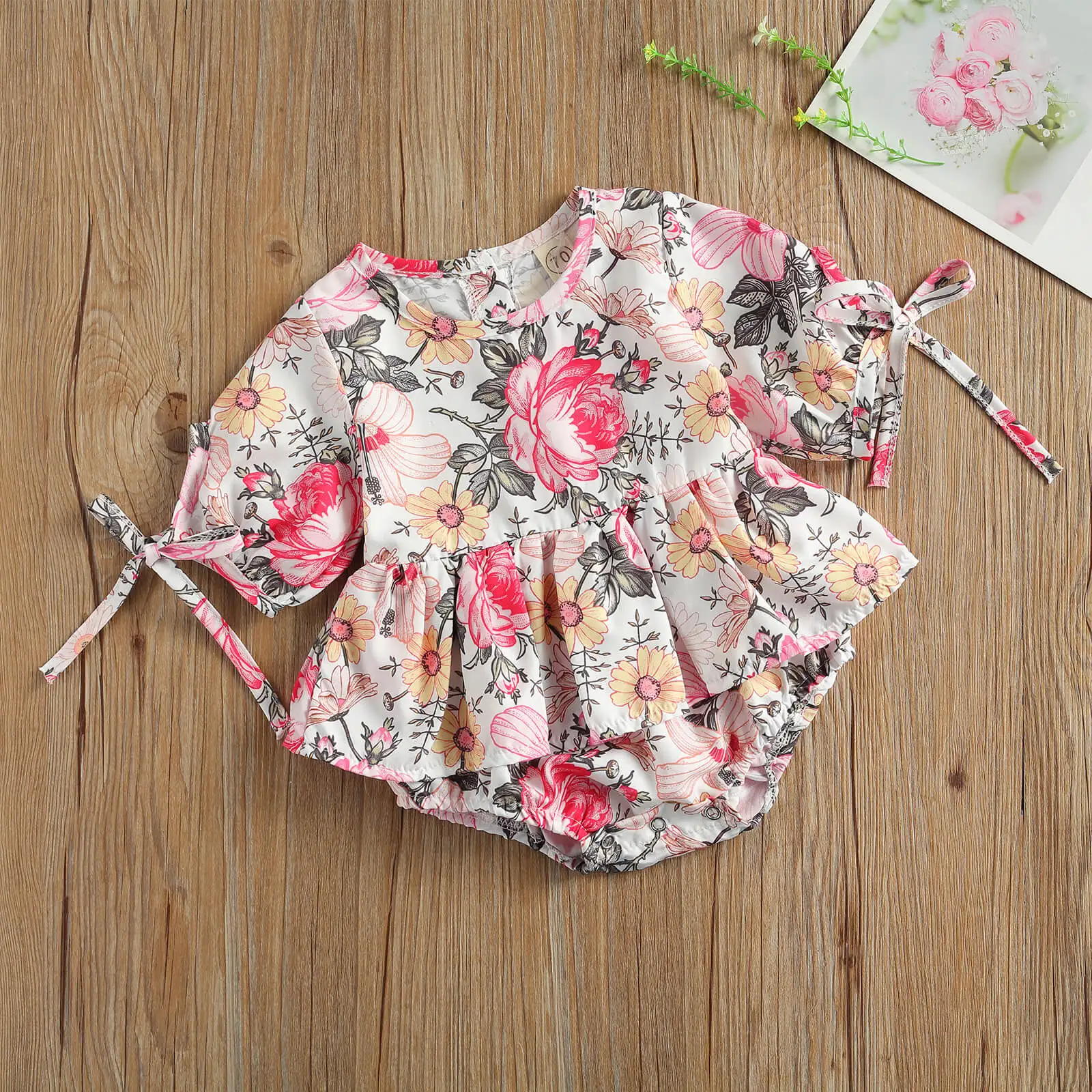 

Pudcoco 0-24M Toddler Baby Girl Summer Floral Print Dress-Style Bows Short Sleeve Bodysuit Back Buttons Infant Jumpsuit Outfit