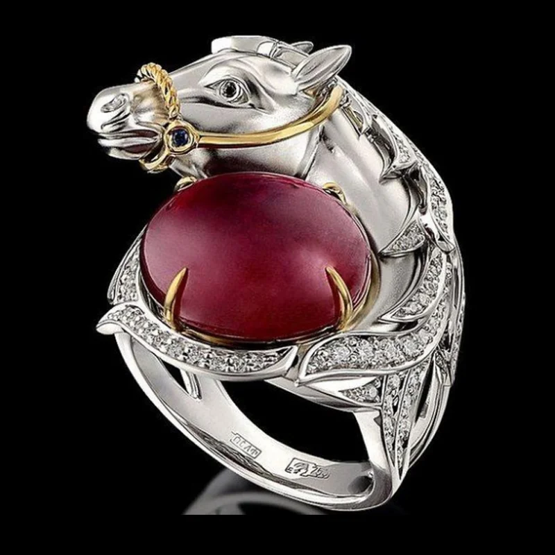 

Hot Sale Domineering Horse Embrace Red Crystal Finger Ring Micro Paved Dazzling AAA CZ Rhinestone for Men Party Jewelry