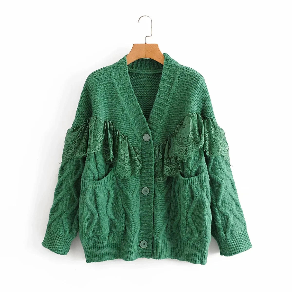 

Elegant V-Neck Lace Knitted Sweater Women Fashion Slim Long Sleeve Pocket Warm Jacket Coats Lady Casual Loose Chic Top 2020