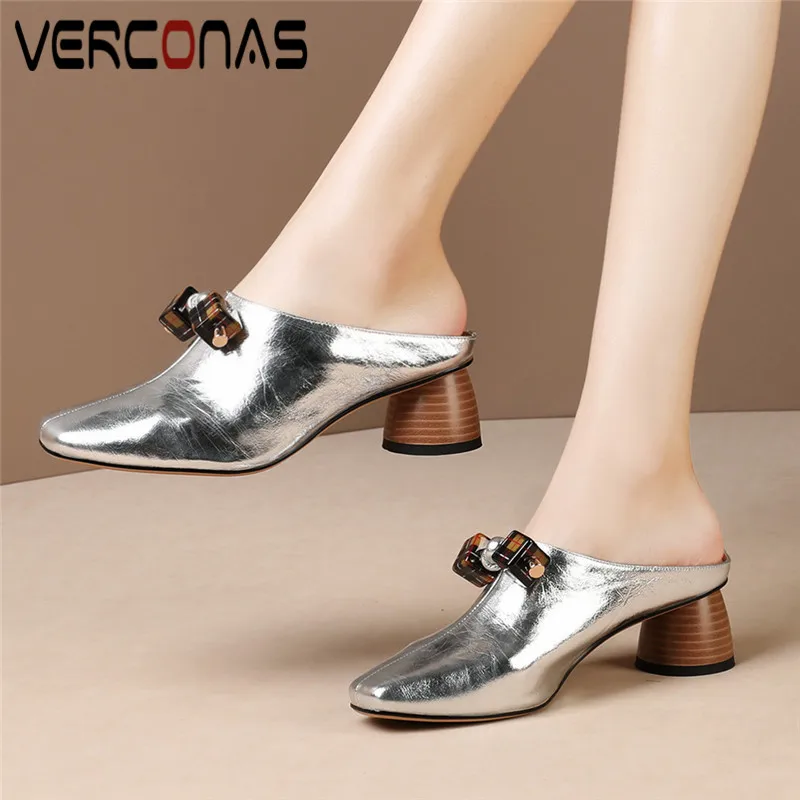 

VERCONAS Slippers Classic Design Concise Women Genuine Leather High Quality Pointed Toe Summer High Heels Sandals Shoes Woman