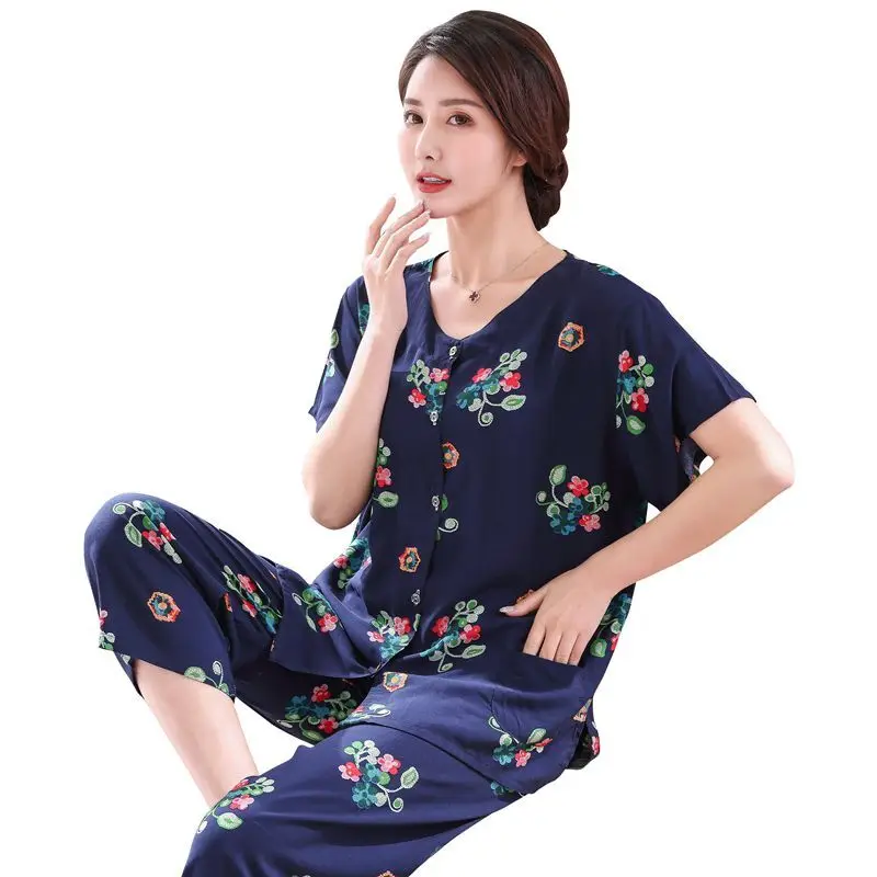 Пижама хлопковая для женщин среднего и пожилого возраста тонкая с коротким