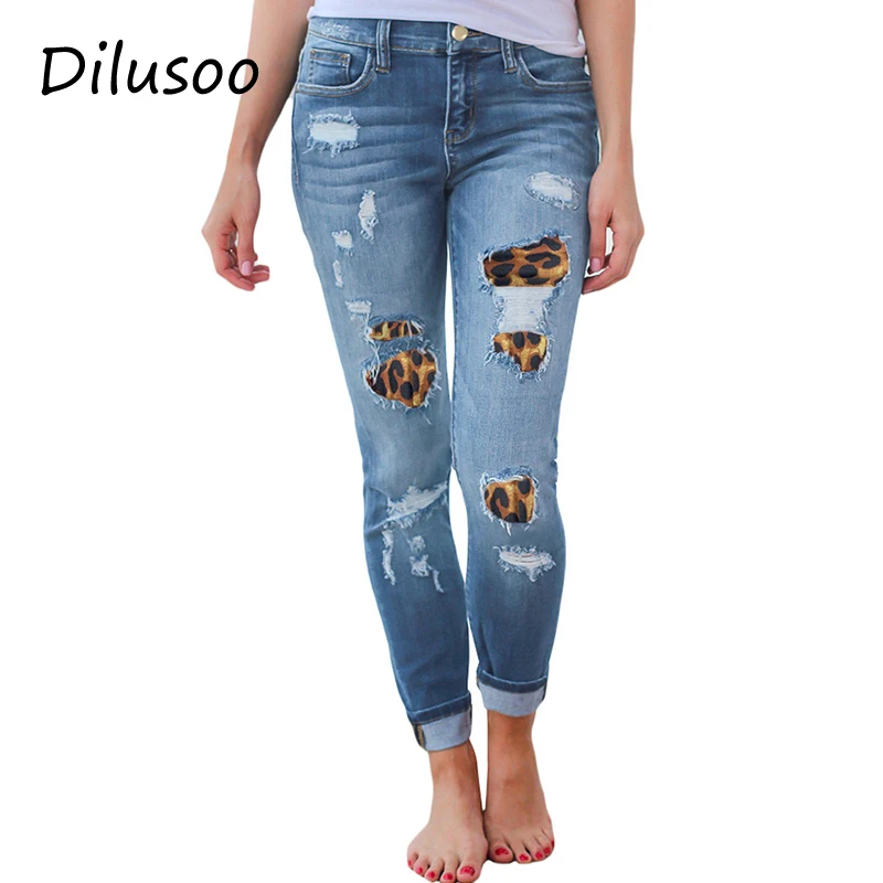 

Dilusoo Leopard Patch Stretch Jeans Pants Women High Waist Holes Female Cowboy Casual Denim Jeans Vaqueros Mujer Trousers 2021