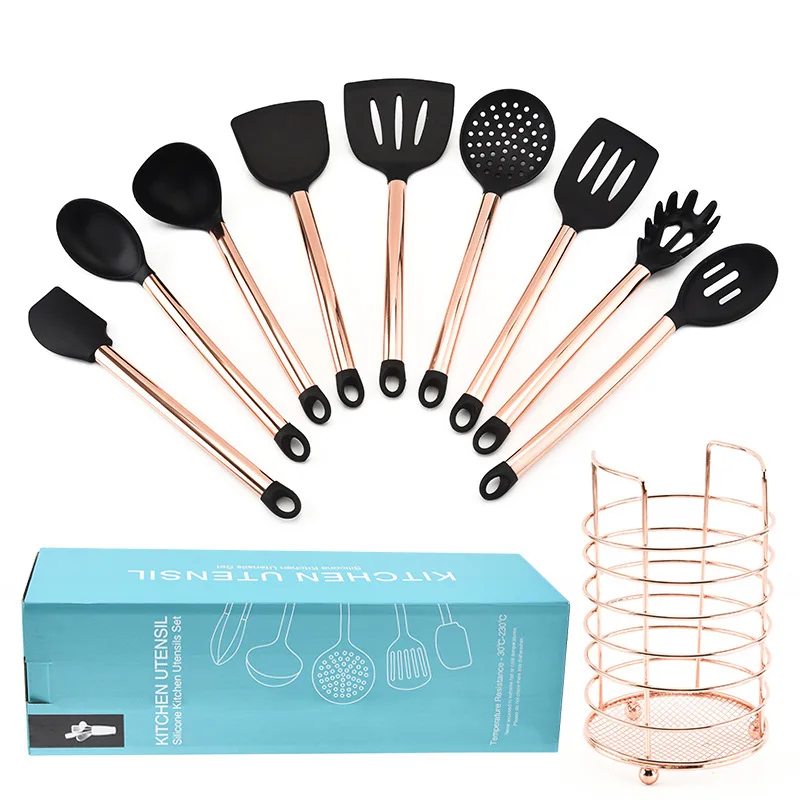 

10PCS/SET Kitchenware Set with Storage Rack Gold-plated Cookware Set Kitchen Utensils Kitchen Cooking Accessories