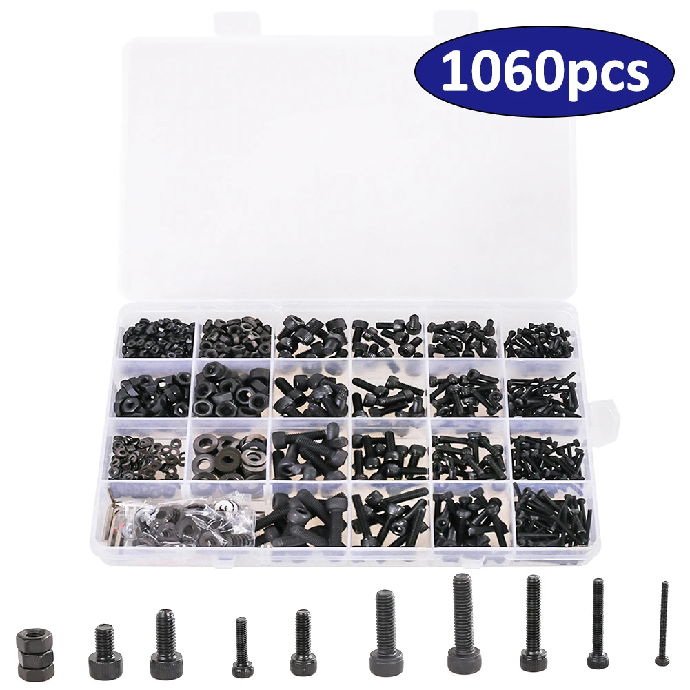 

1060Pcs Hex Hexagon Socket Screw Set Stainless Steel Flat Round Cap Head Screw Kit Bolts and Nuts Allen bolts Set M2 M3 M4 M5