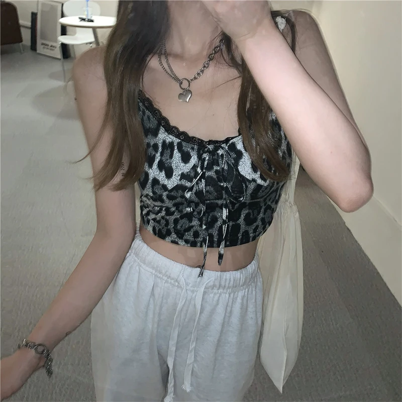 

Women's Leopard Print Sexy Camisole Club Bar Lace-up Slim Spaghetti Strap Bodycon Tops Female Summer Y2K Vintage Skinny Camis