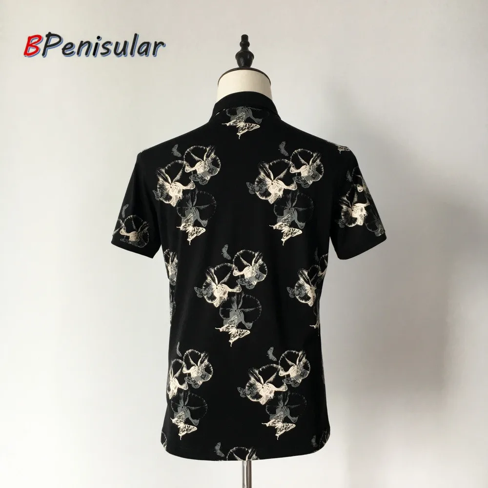 Мужские черные рубашки поло с коротким рукавом повседневные цветочным принтом и