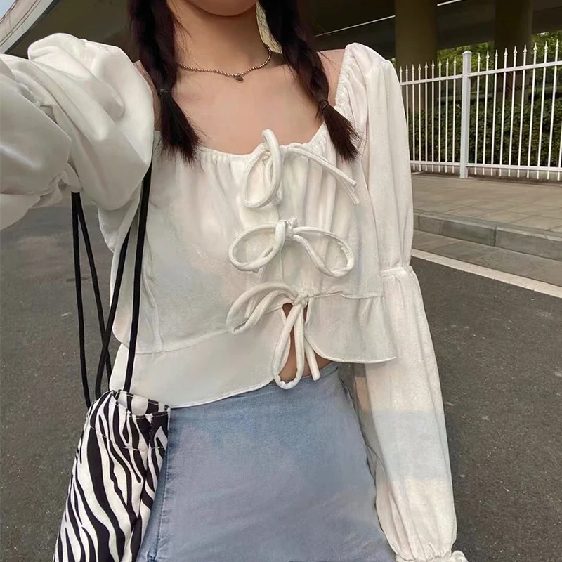 

2020 New Fashion Women Patchwork lacing Square Collar chiffon shirt Blouses bowknot long sleeve Chiffon Shirt Casual Loose Tops