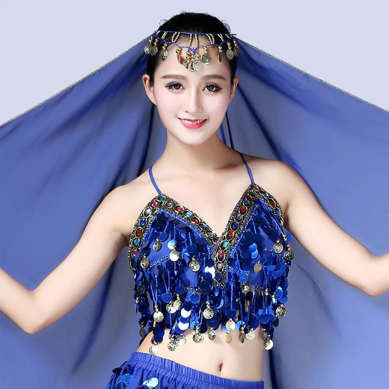 

Women Sequin Halter Bra Latin Belly Dance Tassel Top Party Club Costume Crop Top Q6PB