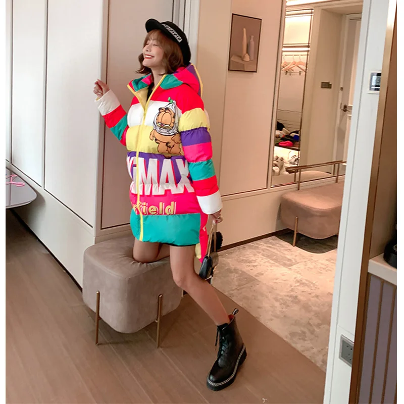 2019 Зимние Модные женские теплые пальто с капюшоном Длинные парки мультяшным