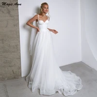 magic awn simple white tulle wedding dresses boho bow spaghetti straps a line beach wedding party gowns abito da sposa 2021