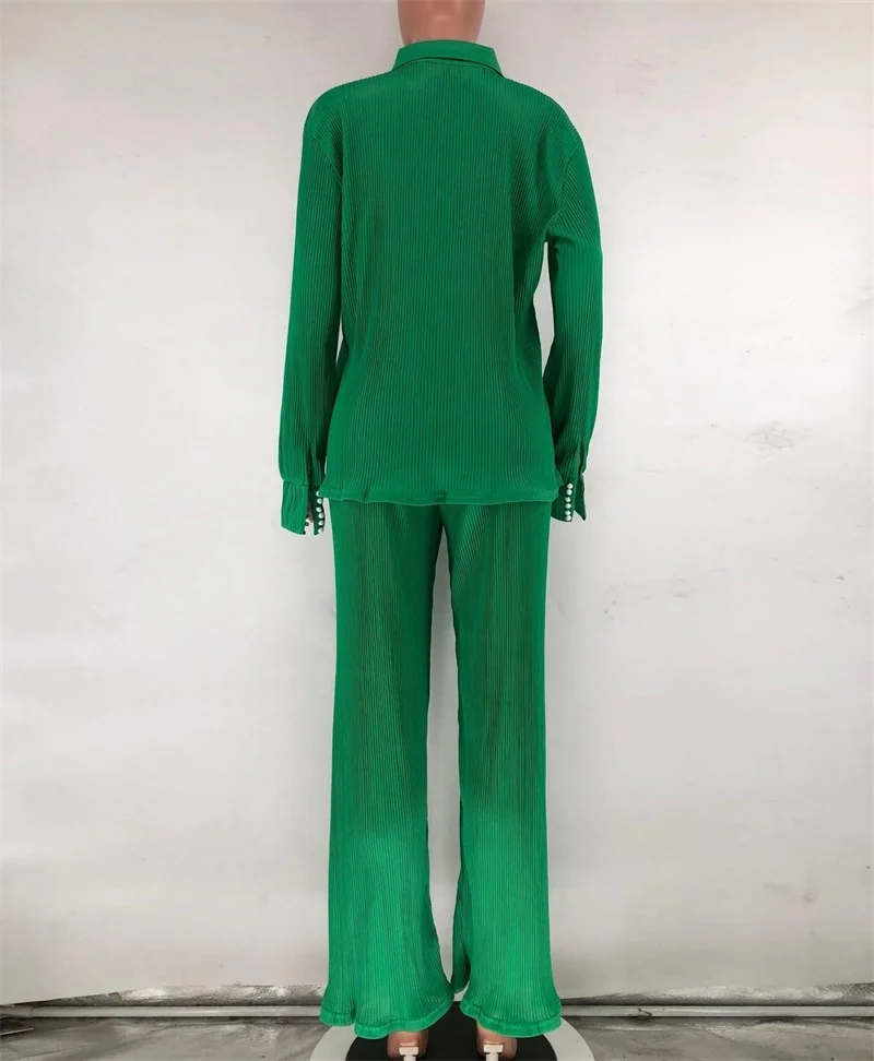 Женский летний костюм-двойка блузка с длинным рукавом и лацканами + длинные брюки