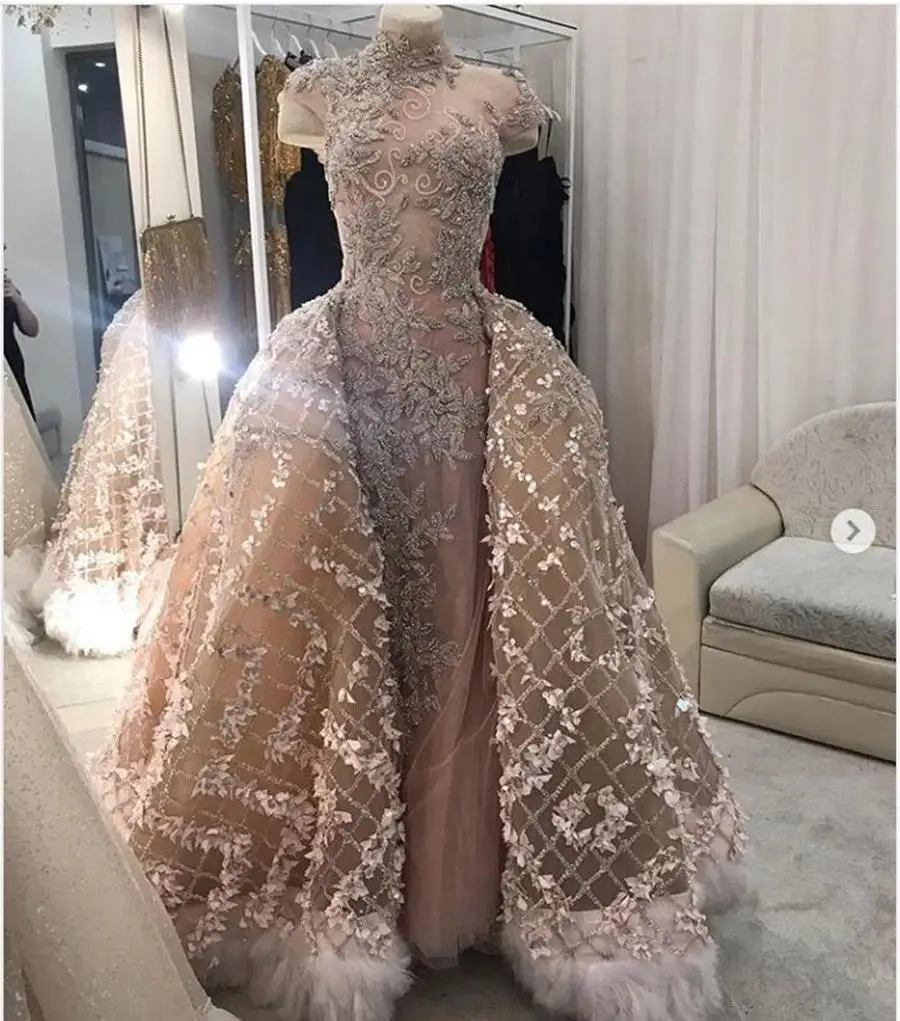 Crystals Furs Pink Prom Dresses 2021 Saudi Arabic 3D Flowers Appliques High Neck Cap Sleeves Evening Gowns With Detachable Train