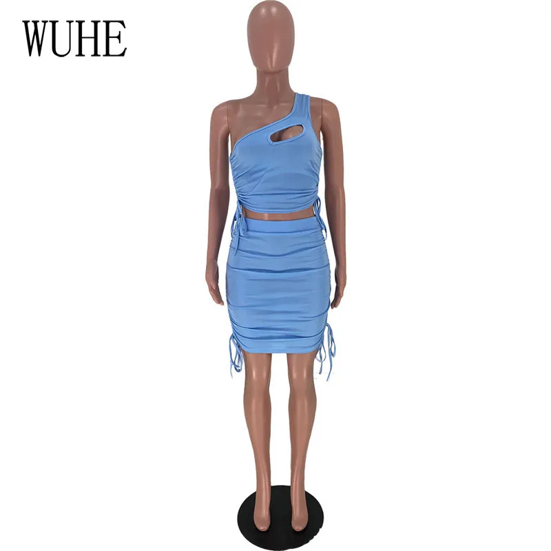 

YEYA Casual Party Two Outfits One Shoulder Hollow Out Crtp Top + Drawstring Lace Up Skinnt Mini Skirts Sports Nightclub Wear