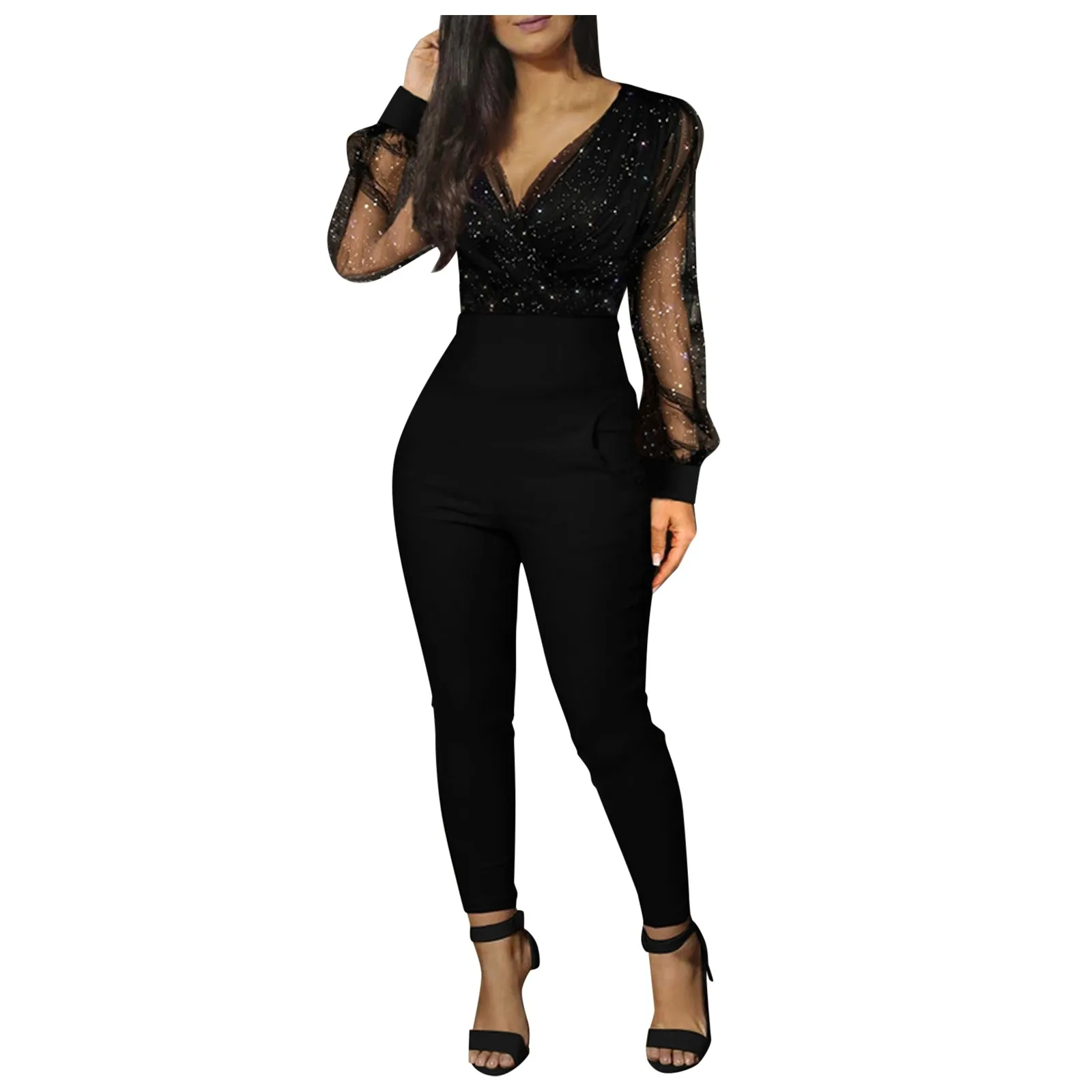 

Women's Fashion V-neck Sequined Mesh Rompers Long Sleeve Pocket Long Jumpsuit Spring &autumn Fashion Jumpsuit Monos Mujer