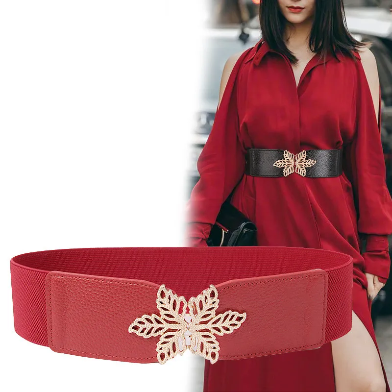 

Elastic Genuine leather Belts for Women Fashion Wide waistbands NEW Luxury cowskin gold Metal snowflake Buckle Cummerbund dress