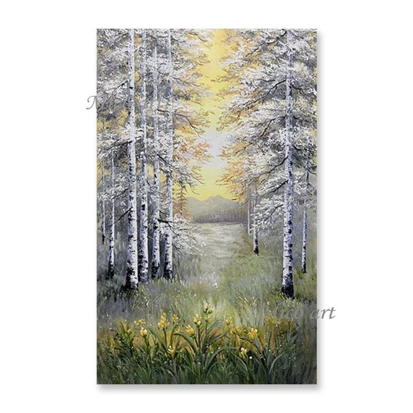 

Деревенская живопись пейзажа, ручная роспись, текстурированные березы, картина маслом, без рамки, Прямая поставка, холст, настенное декорат...
