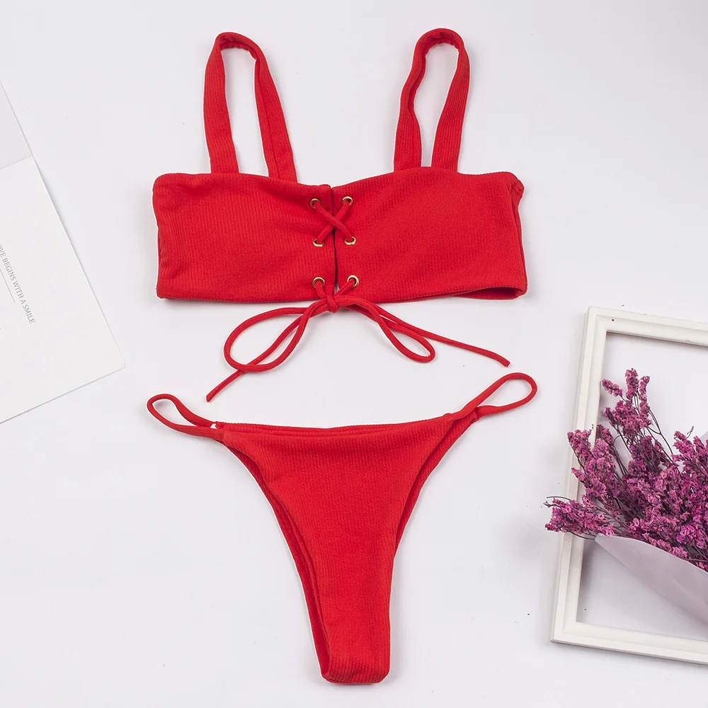 Однотонная купальная одежда Тонг бикини 2020 женский пуховик бюстгальтер Бандаж