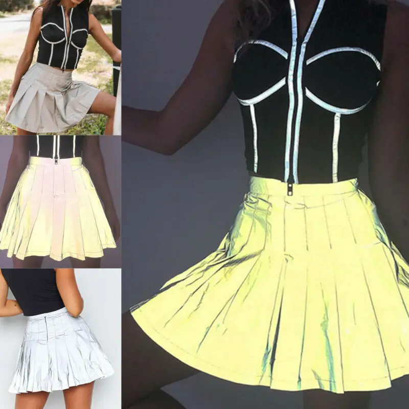 2019 корейская стильная блестящая Светоотражающая плиссированная юбка с высокой