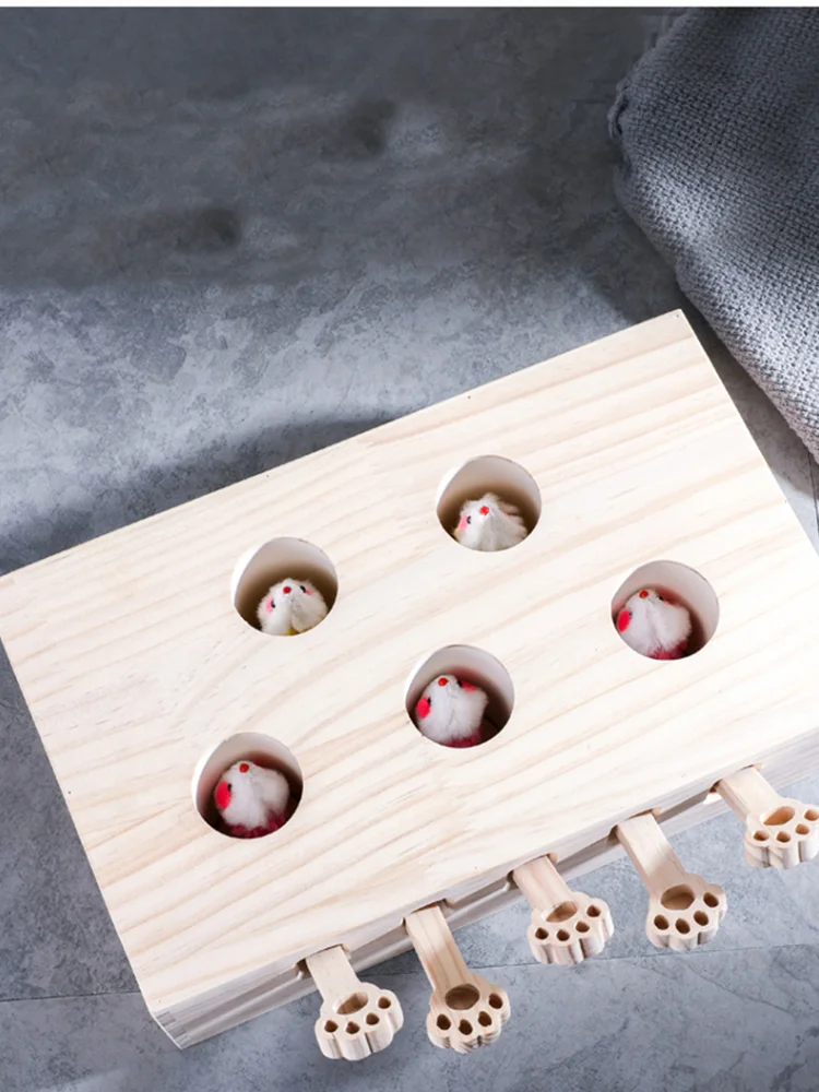 

Cat Toy Cat Hunt Toy Chase Mouse Solid Wooden Sqaure Magic Box Interactive Maze Pet Hit Hamster with 3/5-holed Pet Products