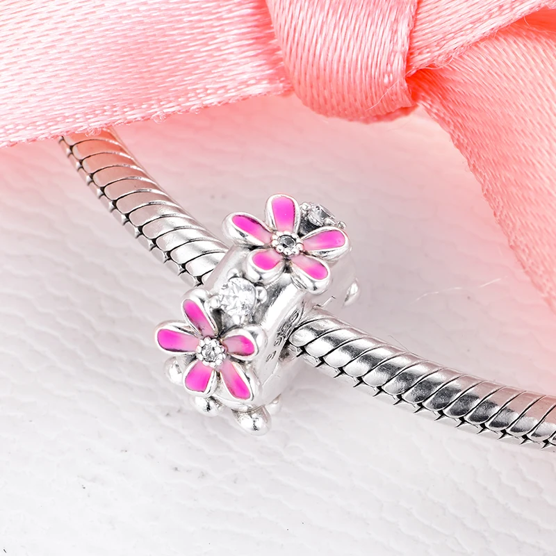 

Charms Silver 925 Original Pink Daisy Flower Clip Charm Fits European Fashion Bracelets Woman DIY Beads For Jewelry Making