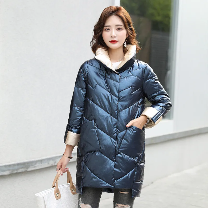 

Glossy Winter Jacket Women Warm Jacket Coat Stand Collar Zipper Wadded Coat Snow Wear Mid-long Down Cotton Jacket Clothing AH441